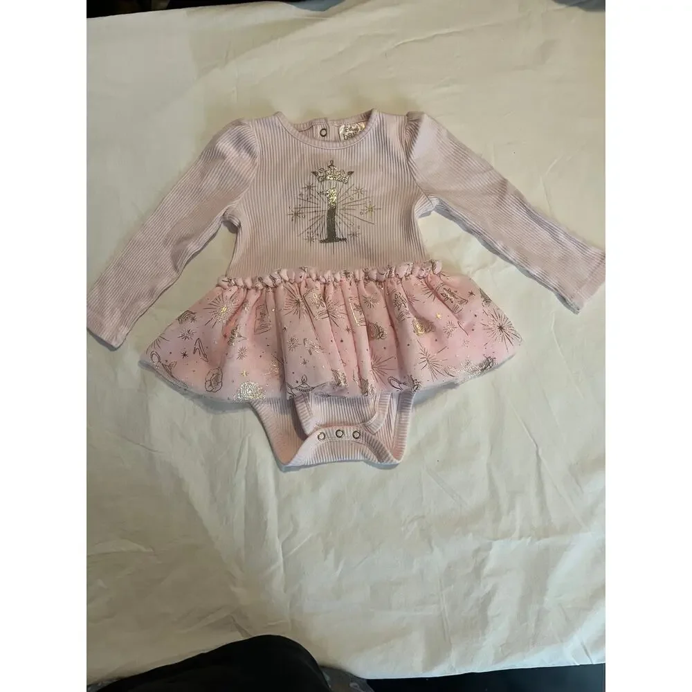 Disney Baby Princess Bodysuit Dress Pink Tulle Gold Crown Size 18–24M